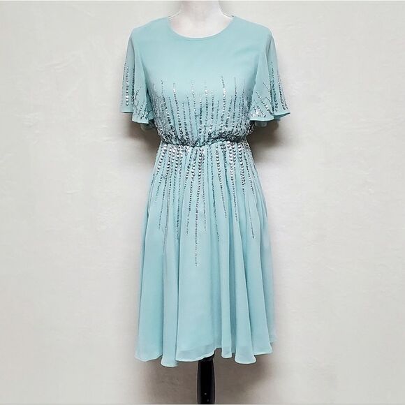 ASOS Sage Green Chiffon Sequin Flutter Sleeve Keyhole A-line Formal Dress 2 - Picture 5 of 16